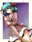  animal_ears aqua_eyes aqua_hair ayase_midori bamboo_broom blush broom cherry_blossoms dress fang green_eyes green_hair kasodani_kyouko light_smile petals short_dress short_hair solo touhou 