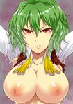  angry areolae armpits arms_up ascot breasts dress_shirt green_hair kazami_yuuka large_breasts nipples red_eyes segami_daisuke shirt short_hair solo sweat torn_clothes touhou undone_necktie untied upper_body vest 