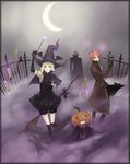  2boys blonde_hair book boots broom candle cloak crescent_moon cross graveyard halloween hat highres jack-o'-lantern mins_(minevi) moon multiple_boys original pumpkin red_hair thighhighs tombstone wand witch_hat 