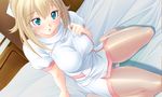  bed blonde blue_eyes blush breasts game_cg highthighs large_breasts nurse nurse_hat oppai panchira 