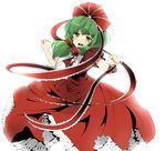  absurdres bad_id bad_pixiv_id blush colorized dress frills front_ponytail green_eyes green_hair hair_ribbon highres ishikkoro kagiyama_hina long_hair ribbon ruruan_(piitan) simple_background smile solo touhou 