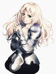  armor blonde_hair cozy face green_eyes grin hands hands_clasped highres long_hair original own_hands_together simple_background smile solo 