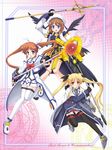  armor bardiche blonde_hair blue_eyes blush book bow brown_hair cape coat duplicate fate_testarossa fingerless_gloves gauntlets gloves hair_ornament hair_ribbon hat jacket long_hair lyrical_nanoha magazine_(weapon) magic_circle magical_girl mahou_shoujo_lyrical_nanoha_strikers multiple_girls murasaki_atsushi octagram open_clothes open_jacket open_mouth purple_eyes raising_heart red_bow red_eyes red_hair ribbon schwertkreuz short_hair single_gauntlet single_glove skirt smile staff star_of_lakshmi takamachi_nanoha thighhighs tome_of_the_night_sky twintails waist_cape wings x_hair_ornament yagami_hayate zettai_ryouiki 