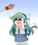  animal_ears bad_id bad_pixiv_id barefoot bell blush cat_ears cat_tail chibi chikuwa fang food frog green_hair hair_ornament jingle_bell kemonomimi_mode kochiya_sanae konnyaku_(food) long_hair o_o oden reaching skirt snake solo tail tears touhou 