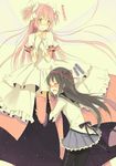  akemi_homura bad_id bad_pixiv_id black_hair blush boots closed_eyes dress gloves hairband jing_hu kaname_madoka leg_hug long_hair magical_girl mahou_shoujo_madoka_magica multiple_girls pantyhose pink_footwear pink_hair spoilers tears thigh_boots thighhighs two_side_up ultimate_madoka wavy_mouth white_dress white_gloves yellow_eyes 