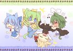  &gt;_&lt; 0_0 4girls :3 :d animal_ears antennae ascot blonde_hair blue_eyes blue_hair blush bow cape cat_ears cat_tail chibi cirno closed_eyes daiyousei embarrassed fang green_hair hair_bow hair_ribbon hat hazuki_ruu heart heart_in_mouth kemonomimi_mode multiple_girls mystia_lorelei mystia_lorelei_(bird) open_mouth outstretched_arms ribbon rumia short_hair side_ponytail smile spread_arms squiggle tail team_9 touhou upside-down wings wriggle_nightbug xd 