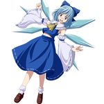  bad_id bad_pixiv_id blue_dress blue_eyes blue_hair blush bow cirno cosplay detached_sleeves dress hair_bow hakurei_reimu hakurei_reimu_(cosplay) long_sleeves midriff navel open_mouth s-syogo simple_background smile solo touhou white_background wings 