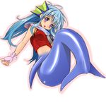  blue_hair blush breasts fingerless_gloves gloves head_fins impossible_clothes impossible_shirt ko_seiki_beast_sanjuushi long_hair medium_breasts mei_mer mermaid monster_girl naz open_mouth purple_eyes shirt solo white_background 