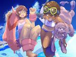  bikini blue_eyes brown_hair bunny cloud dark_skin day flippers goggles green_eyes inflatable_armbands innertube missing_tooth multiple_girls navel one-piece_swimsuit original pier short_hair sky smile snorkel stregoicavar swimsuit tan tanline water 