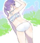  bikini higebu inazuma_eleven inazuma_eleven_(series) kudou_fuyuka looking_back ponytail purple_eyes purple_hair solo swimsuit tankini 