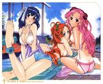  :o anklet ass barefoot bikini blue_hair blush breast_hold breasts bun_cover cleavage double_bun earrings feet flower hair_flower hair_ornament hair_ribbon hairband highres jewelry large_breasts long_hair looking_at_viewer looking_back lying multiple_girls o-ring o-ring_bottom official_art on_stomach pink_hair red_eyes red_hair ribbon satou_ken'etsu seikon_no_qwaser sendou_mutsumi short_hair swimsuit tan tsujidou_miyuri untied yamanobe_tomo 