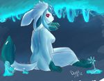  2012 breasts butt cave demu female glaceon ice looking_at_viewer looking_back nipples nude pok&eacute;mon pok&eacute;morph red_eyes sitting smile solo 