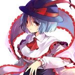  74_(teduka) blue_hair blush frills hat nagae_iku red_eyes shawl short_hair smile solo touhou upper_body 