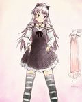  alternate_costume blush dancho_(danch) dress hands_on_hips long_hair mahou_shoujo_madoka_magica ponytail sakura_kyouko sketch solo striped striped_legwear thighhighs translated 