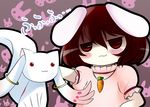  :3 animal_ears brown_hair bunny_ears carrot inaba_tewi jewelry jitome kyubey mahou_shoujo_madoka_magica pendant red_eyes sitting touhou upper_body yume_shokunin 