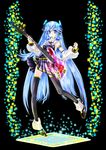  bad_id bad_pixiv_id bass_guitar blue_eyes blue_hair detached_sleeves headphones headset highres instrument long_hair mouth_hold r0g0b0 ring_suzune skirt solo thighhighs transparent very_long_hair vocaloid zettai_ryouiki 