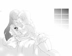  bed closed_eyes couple greyscale hair_over_one_eye hand_on_shoulder highres holding hong_meiling imminent_kiss izayoi_sakuya kiss long_hair monochrome multiple_girls no_hat no_headwear primary_stage short_hair touhou underwear window yuri 