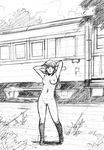  arms_up exhibitionism hat kneehighs long_hair monochrome moriya_naoki nipples nishina_mayuko nude oppai pubic_hair public_nudity sketch sweat train waki work_in_progress 