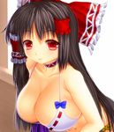  adapted_costume alternate_hairstyle asamura_hiori bare_shoulders bikini_top blue_bow bow breasts brown_hair choker cleavage collarbone hair_bow hair_tubes hakurei_reimu large_breasts leaning_forward long_hair red_choker red_eyes simple_background solo touhou upper_body 