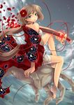  1girl bandages barefoot blue_eyes brown_hair camellia camellia_print commentary_request floral_print flower glowing glowing_sword glowing_weapon hair_flower hair_ornament hands highres holding holding_sheath holding_sword holding_weapon katana lips long_hair looking_at_viewer looking_back nail_polish original petals ponytail red_flower scabbard sheath sky solo sword ui_(ymochizu) unsheathing water weapon 