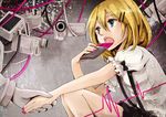  blonde_hair blue_eyes cable camera chocolate eating hair_ornament hairclip hazuki_natsu holding_hands kagamine_rin kusare_gedou_to_chokorewito_(vocaloid) nail_polish open_mouth out_of_frame short_hair sitting solo_focus suspenders vocaloid 