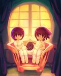  bad_id bad_pixiv_id cat chingisu curtains fine_art_parody indoors l'amour_de_pierrot looking_at_viewer multiple_girls optical_illusion original parody purple_eyes purple_hair short_hair sitting skull smile window 