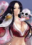  amazon black_hair blue_eyes boa_hancock breasts cleavage earrings highres horns jewelry large_breasts lips long_hair midriff navel one_piece pisuke salome_(one_piece) skull snake solo upper_body 