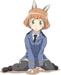  amelie_planchard animal_ears blush brown_hair bunny_ears face green_eyes orange_hair short_hair simple_background sitting solo strike_witches thighhighs umanosuke uniform wariza world_witches_series 