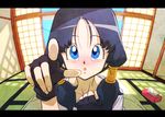 :o black_hair blue_eyes blush commentary_request dragon_ball dragon_ball_z face fingerless_gloves fisheye foreshortening gloves letterboxed pointing solo tatami tissue_box twintails videl yoro4545 