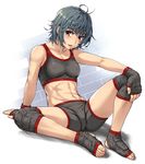 abs arm_support athletic bad_id bad_pixiv_id bare_shoulders barefoot blue_hair blush brown_eyes collarbone crotch feet fingerless_gloves full_body gloves hand_on_own_knee hands highres muscle navel original pirano short_hair shorts simple_background sitting solo sports_bra sweat toeless_legwear toes 