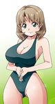  amano_yoki bad_id bad_pixiv_id bangs blush_stickers breasts brown_hair casual_one-piece_swimsuit cleavage green_eyes hands_clasped highleg highleg_swimsuit large_breasts lens_flare one-piece_swimsuit own_hands_together parted_bangs short_hair sideboob solo standing swimsuit 