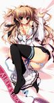  bra crease gap izumi_tsubasu mashiroiro_symphony open_shirt pantsu paper_texture school_uniform sena_airi thighhighs undressing 