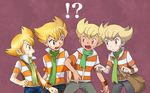  4boys blonde_hair commentary_request hirano_kei jun_(pokemon) male_focus multiple_boys multiple_persona orange_eyes pearl_(pokemon) pokemon pokemon_(anime) pokemon_(game) pokemon_dp_(manga) pokemon_dppt pokemon_special poketch purple_background scarf shirt striped striped_shirt surprised sweatdrop watch wristwatch 