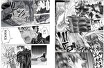  armor berserk black_hair blood cape claws comic crossover cuts devil_may_cry dragonslayer_(sword) fang greyscale guts horns huge_weapon injury male_focus monochrome monster multiple_boys nagare scar sword weapon 