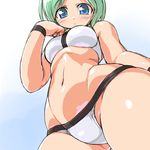  bad_id bad_pixiv_id bare_shoulders bikini blue_eyes blush busou_shinki contrapposto dd_(ijigendd) from_below green_hair groin hips looking_down maryceles navel solo standing swimsuit wristband 