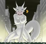  anthro breasts bridge city dragon embarrassed female giant grey_eyes horn horns looking_at_viewer macro noah_(artist) nude public_nudity scalie shiny shocked solo sweat white white_body 