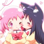  akemi_homura animal_ears ayakashi_(monkeypanch) black_hair blush cat_ears kaname_madoka kemonomimi_mode licking mahou_shoujo_madoka_magica multiple_girls pink_eyes pink_hair short_twintails twintails 