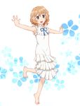  :d ano_hi_mita_hana_no_namae_wo_bokutachi_wa_mada_shiranai. barefoot blush brown_eyes brown_hair cosplay feet flat_chest flower full_body hair_flower hair_ornament hanasaku_iroha hands honma_meiko honma_meiko_(cosplay) leg_up matsumae_ohana open_mouth outstretched_arms ribbon season_connection short_hair smile solo standing standing_on_one_leg tiptoes ueyama_michirou 