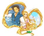  1girl black_hair blonde_hair chigi-re07 flynn_rider frying_pan green_eyes grin long_hair pascal_(tangled) rapunzel_(disney) smile tangled very_long_hair 