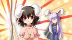  animal_ears blush brown_hair bunny_ears cape carrot dress inaba_tewi jewelry long_hair multiple_girls necktie o_o pendant pink_dress purple_hair red_eyes reisen_udongein_inaba scarf short_hair smile sweatdrop sweater touhou upper_body yurume_atsushi 