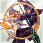  1girl blonde_hair blue_eyes breasts cleavage commentary_request dark_magician dark_magician_girl dedede duel_monster green_eyes medium_breasts one_eye_closed purple_hair smile yuu-gi-ou yuu-gi-ou_duel_monsters 