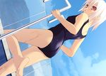  barefoot feet mizugi pink_hair pool red_eyes short_hair sky sukumizu wet 