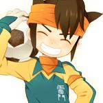  1boy armband bad_id bad_pixiv_id ball brown_hair closed_eyes clothes_writing endou_mamoru gloves goalkeeper grin headband inazuma_eleven inazuma_eleven_(series) male_focus raimon raimon_soccer_uniform smile soccer_ball soccer_uniform solo sportswear teeth telstar 