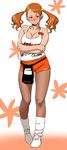  anjou_naruko ano_hi_mita_hana_no_namae_wo_bokutachi_wa_mada_shiranai. bare_shoulders blush bobobo breasts brown_legwear cleavage clothes_writing crossed_arms earrings employee_uniform hooters jewelry large_breasts legs legwear_under_shorts long_hair name_tag orange_eyes orange_hair pantyhose shorts solo twintails uniform 