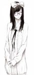  bangs bow closed_eyes collarbone cowboy_shot glasses hair_bow hands_clasped long_hair long_sleeves monochrome necktie original own_hands_together solo sousou_(sousouworks) spot_color swept_bangs 