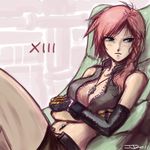  bare_shoulders blue_eyes breasts cleavage copyright_name crossed_arms elbow_gloves final_fantasy final_fantasy_xiii gloves jewelry john_joseco legs lightning_farron long_hair medium_breasts midriff navel_piercing necklace open_clothes open_shirt piercing pink_hair shirt signature sitting sketch solo thighs unzipped 