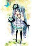  aqua_eyes aqua_hair bare_shoulders borrowed_design bouquet bug butterfly checkered checkered_floor dress elbow_gloves flower gloves hair_flower hair_ornament hatsune_miku insect jewelry long_hair momoko_(momoko14) necklace smile solo thighhighs twintails very_long_hair vocaloid 