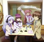  absurdres angel_beats! arm_up black_legwear blazer blush blush_stickers bow brown_hair choker cross demon_tail drink green_eyes hair_bow hairband hand_on_hip headphones highres jacket long_hair microphone multiple_girls necktie non-web_source ooyama_(angel_beats!) pink_eyes pink_hair purple_hair school_uniform serafuku shinda_sekai_sensen_uniform silver_hair socks tail tenshi_(angel_beats!) thighhighs tissue two_side_up very_long_hair yellow_eyes yui_(angel_beats!) yuri_(angel_beats!) 