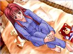  barefoot bed casual_romance_club feet houkago_ren-ai_club pajamas red_eyes red_hair teddy_bear 