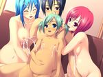  4girls bed belly belly_hold black_hair blue_hair breasts couch dark_skin dutch_angle elf elf_ears erect_nipples green_hair happy lactation large_breasts milk milk_squirt navel nipples nude oppai pettanko pink_hair pregnant sitting smile tagme tanned yuri 